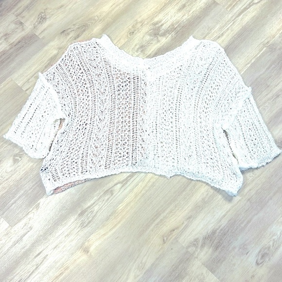 POL Boho Chic Oversized Crochet Knit Off-the-Shoulder Two-Tone V-Neck Sweater M - Picture 6 of 9